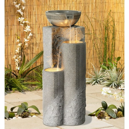 Bowl and Pillar 34 1/2" High Large Modern Zen Outdoor Decor Faux Stone Floor Fountain with Light LED Outside
