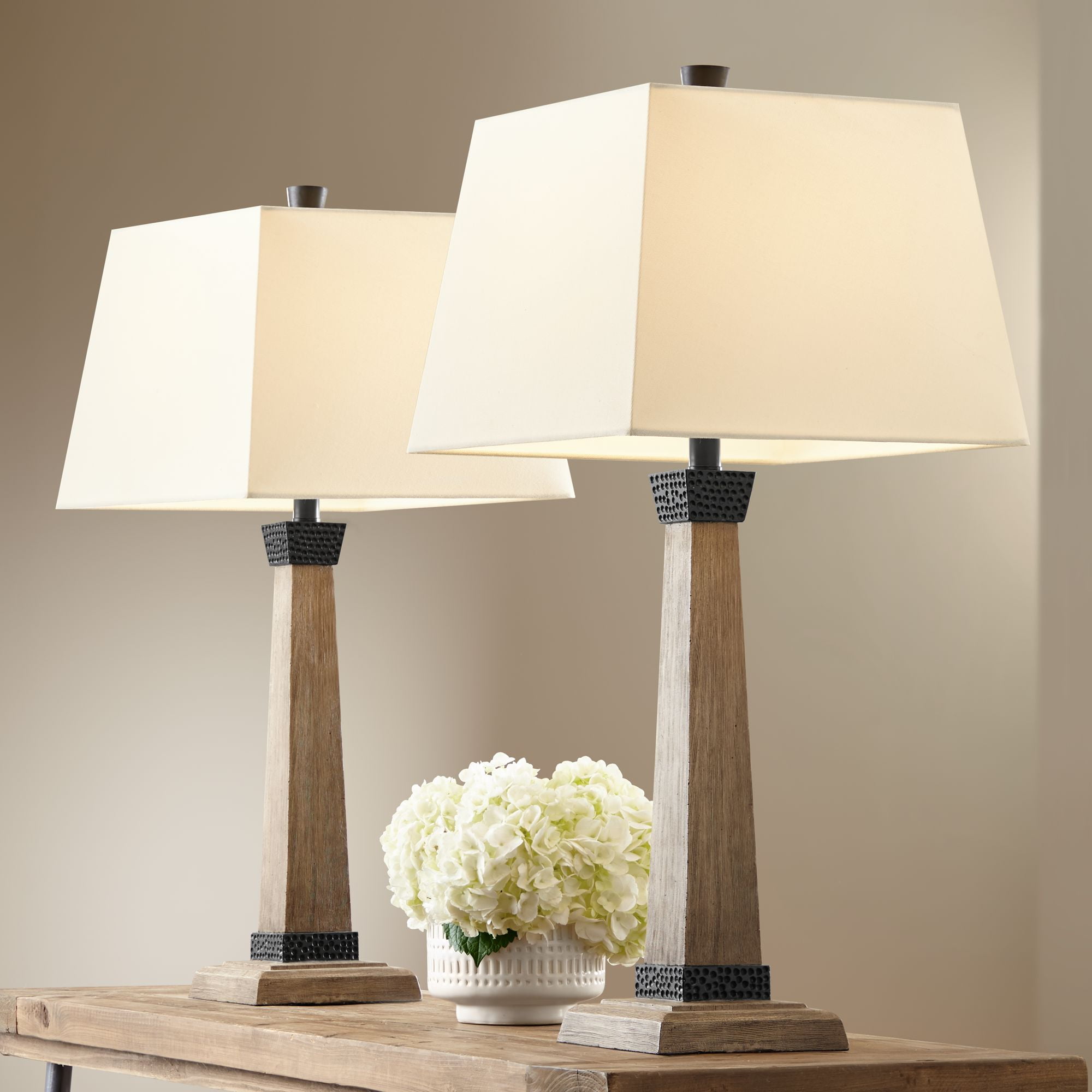 Set of 2 Tall Rustic Farmhouse Table Lamps with White Fabric Shades