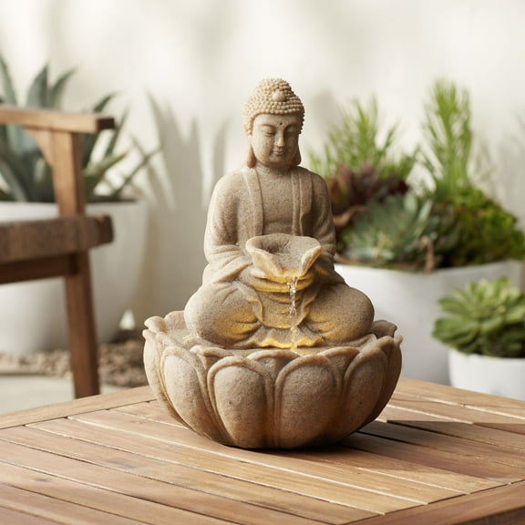 Calm Buddha 14" High Small Zen Asian Indoor Outdoor Decor Sand Stone Tabletop Fountain with Light LED Outside