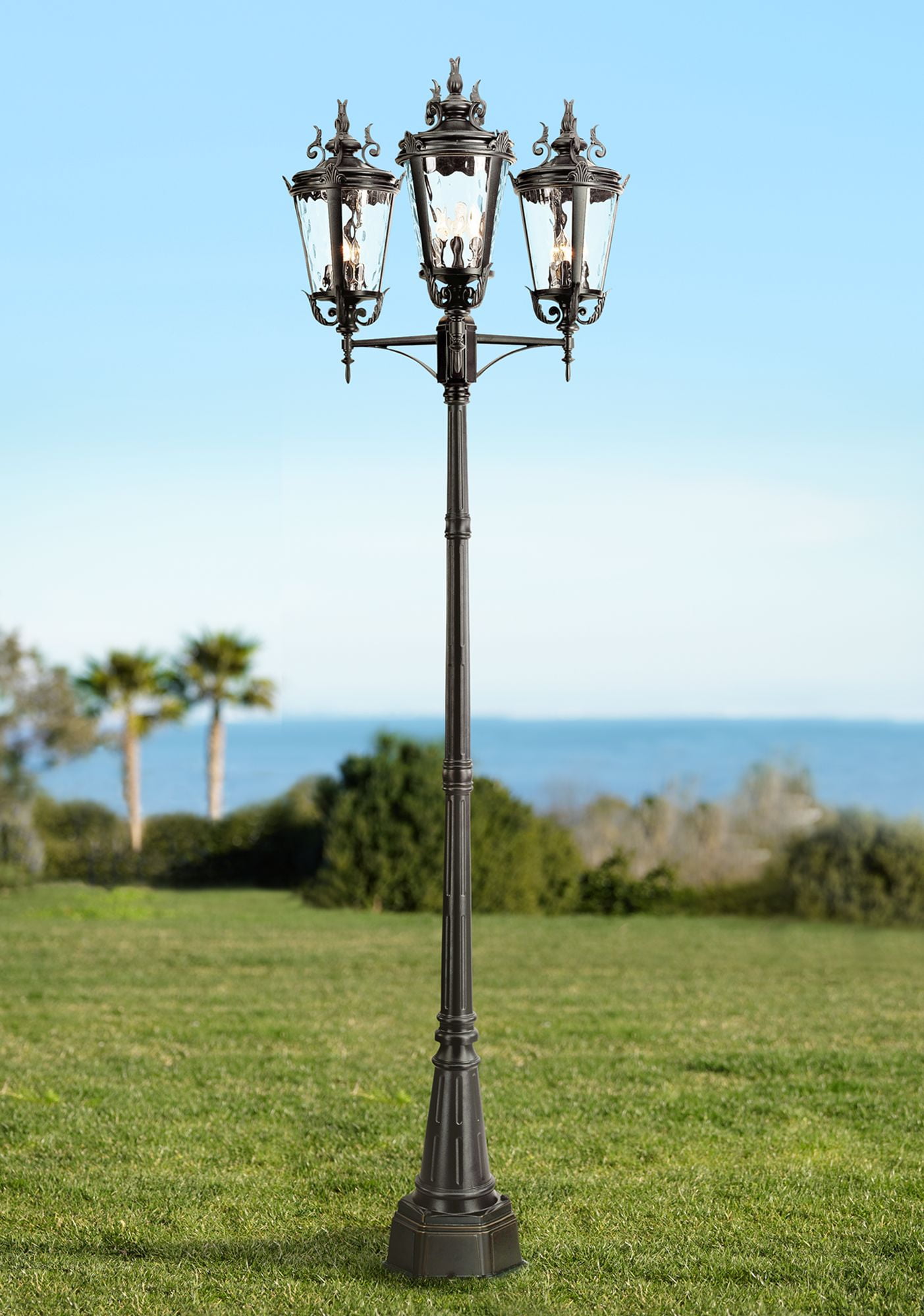 John Timberland Casa Marseille Vintage Outdoor Post Light Textured Black 3-Light Street Lantern 100" Clear Hammered Glass for Exterior Light Barn Deck