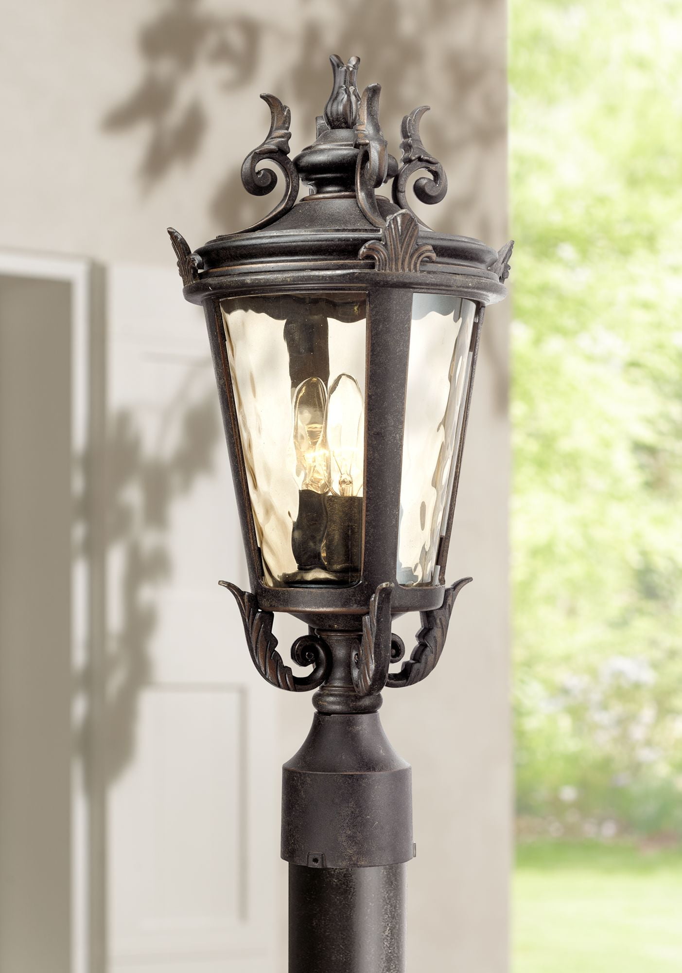 Vintage Bronze Outdoor Post Light with Champagne Hammered Glass