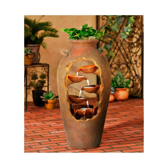 Nathan Cascade 33" High Large Rustic Outdoor Decor Faux Stone Floor Fountain with Light LED Urn with Planter