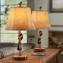John Timberland Climbing Bears 22 1/2" High Small Rustic Style Accent Table Lamps Set of 2 USB Port Brown Wood Finish Charging