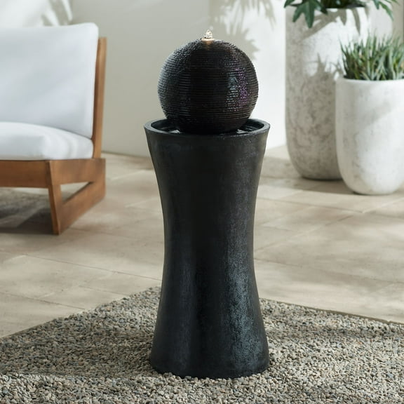 Dark Sphere 35 1/2" High Zen Modern Indoor Outdoor Decor Faux Stone Floor Fountain w/ Light LED Bubbler Pillar