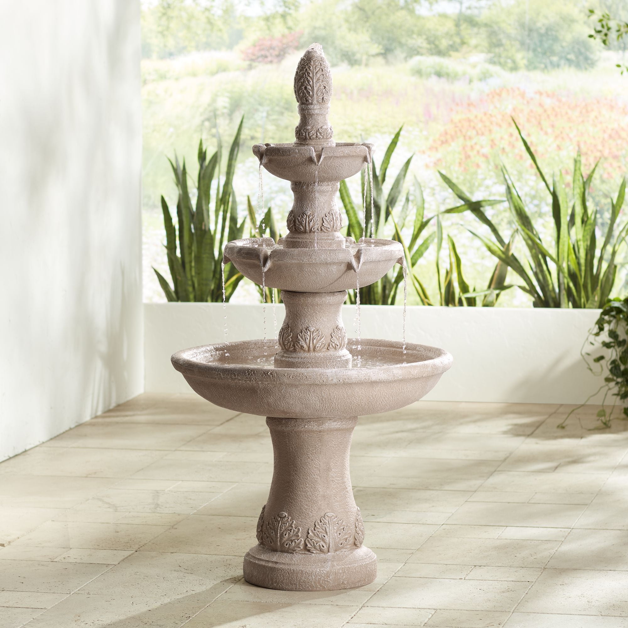 Domanico Tan Resin 57" 3-Tier Traditional Outdoor Water Fountain
