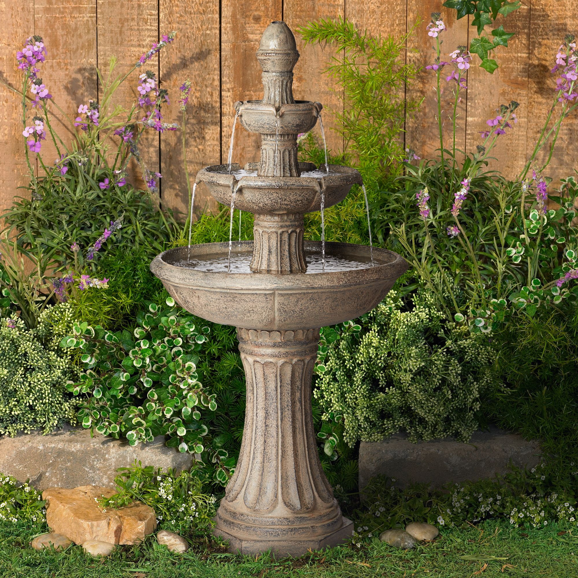 Farron Rustic Gray Stone 3-Tier Outdoor Water Fountain with LED Light