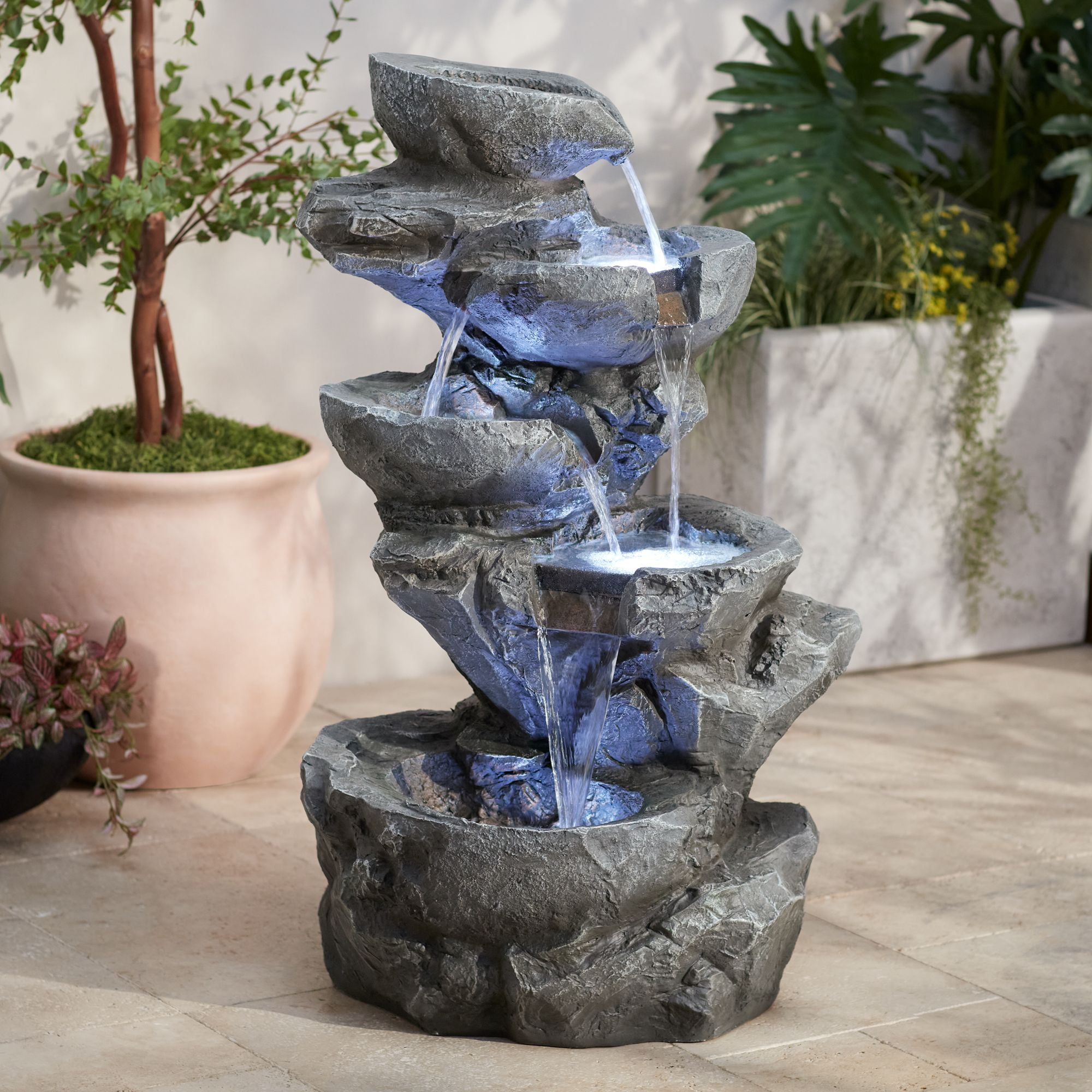 Five Bowl 40 1/2" High Large Zen Modern Indoor Outdoor Decor Gray Resin Floor Fountain with Light LED Garden