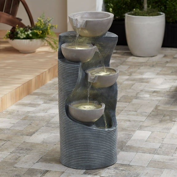 Tarin Four Bowl 31 1/2" High Large Modern Indoor Outdoor Decor Faux Stone Floor Fountain w/ Light LED Cascading