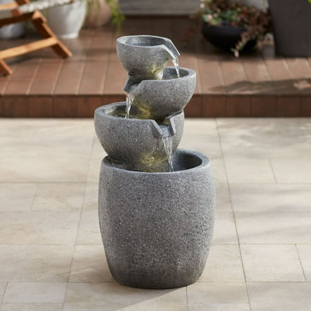 Four Bowls 32" High Large Zen Modern Indoor Outdoor Decor Gray Faux Stone Floor Fountain Light LED Cascading