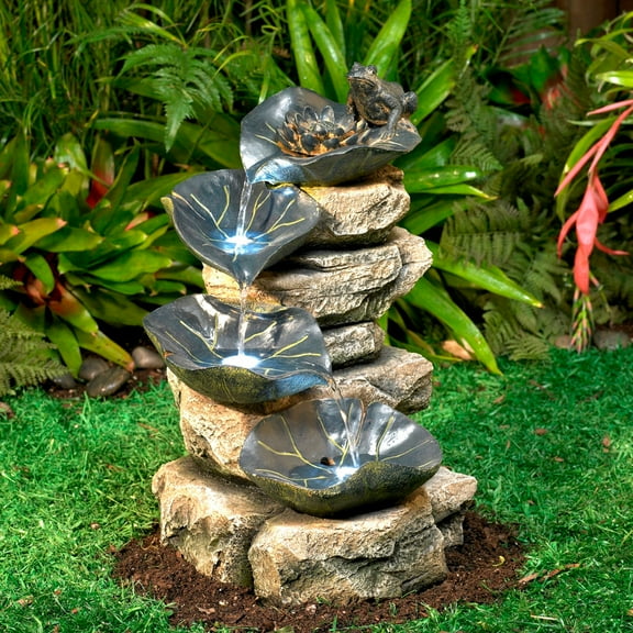 Frog and Four Lily Pad 21" High Large Rustic Indoor Outdoor Decor Faux Stone Floor Fountain with Light LED