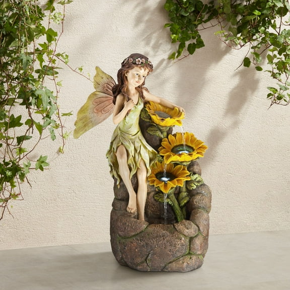 Garden Fairy with Sunflowers 26" High Large Modern Indoor Outdoor Decor Faux Stone Floor Fountain with Light LED