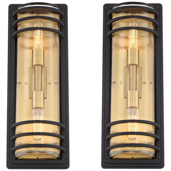 John Timberland Habitat 21" High Modern Outdoor Wall Light Fixture Mount Porch House Set of 2 2-Light Black and Brass Finish