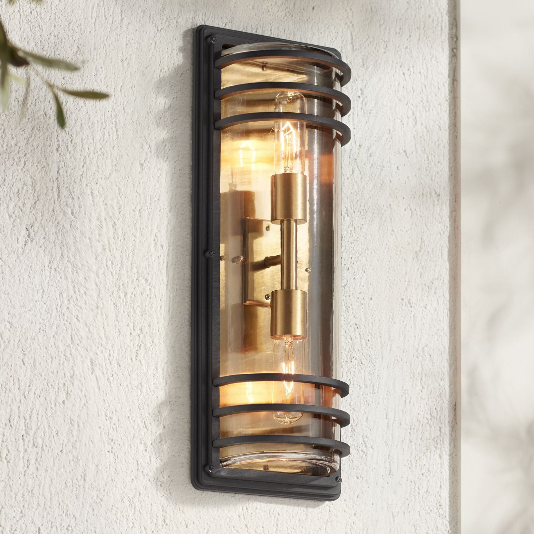 21" Black and Brass Industrial Outdoor Wall Light with Clear Glass