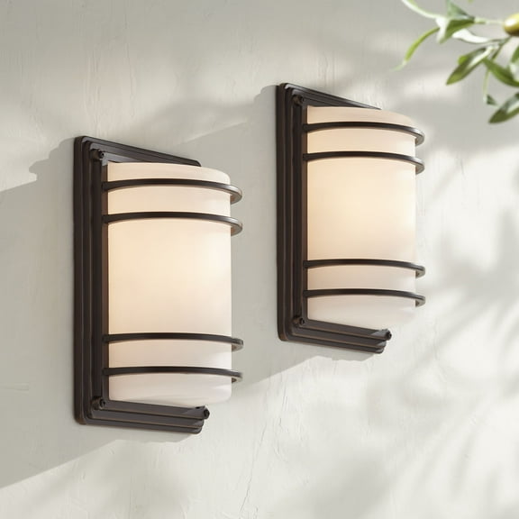 John Timberland Habitat Modern Outdoor Wall Light Fixtures Set of 2 Rubbed Bronze 11" Opal Glass for Post Exterior Barn Deck House Porch Yard Patio