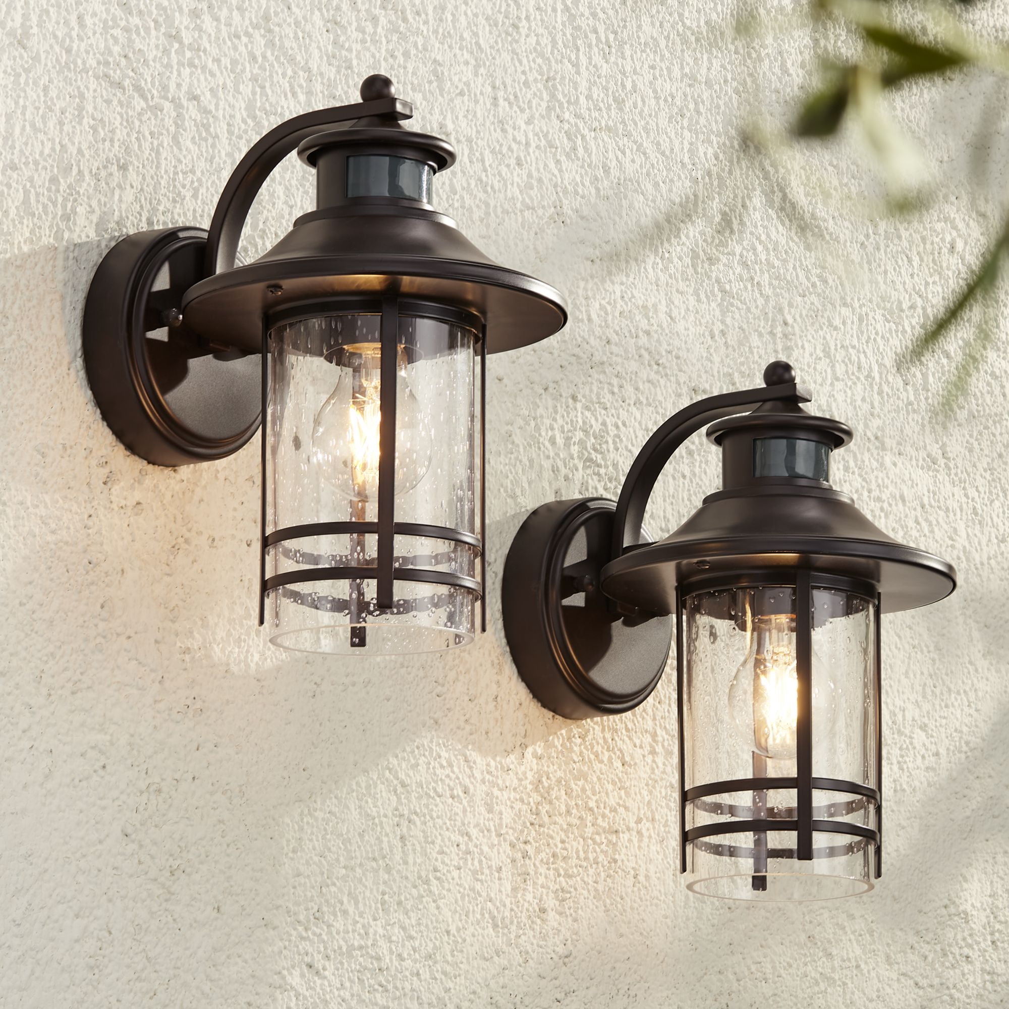 John Timberland Habitat Rustic Industrial Outdoor Wall Light Fixtures Set of 2 Bronze Dusk to Dawn Motion Sensor 11 1/4" Seedy Glass for Exterior