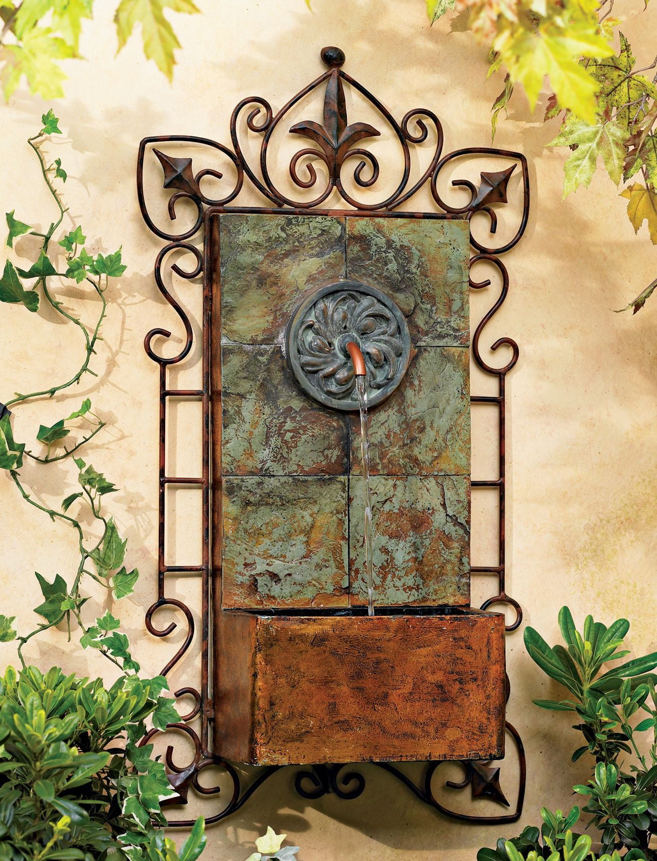 Ibizi Rustic Slate and Iron Wall Fountain with LED Light