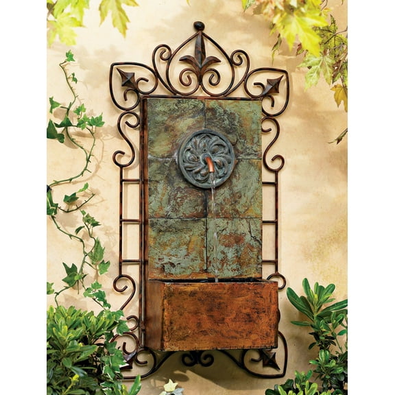 Ibizi 33" High Large Rustic Traditional Indoor Outdoor Decor Faux Stone Wall Fountain with Light LED Iron Scroll