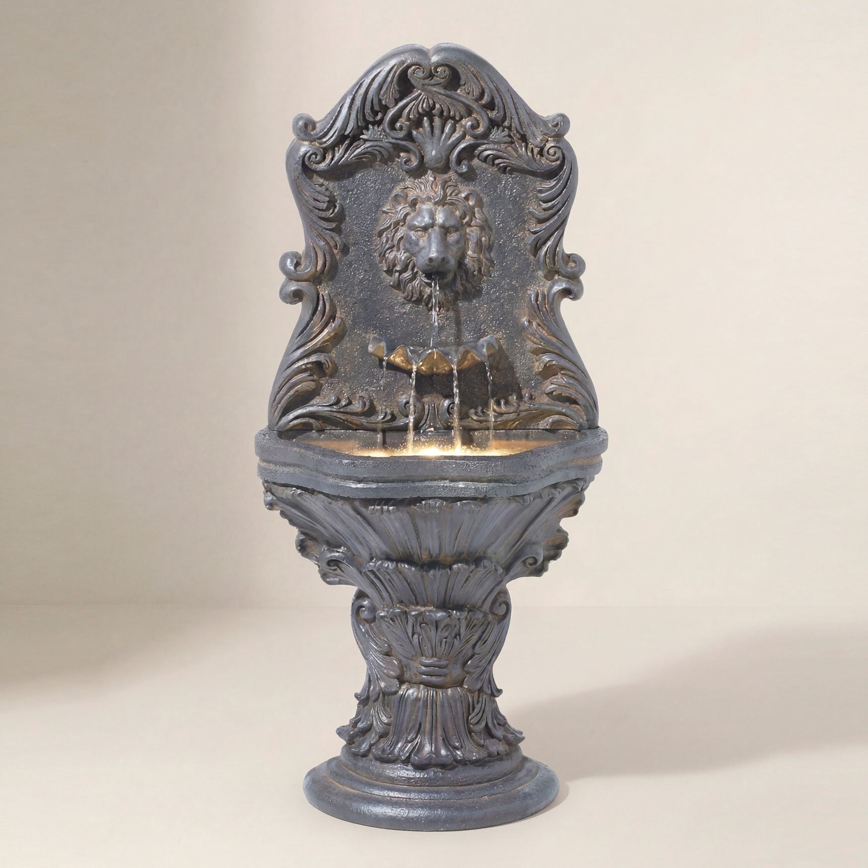 Royal Lion Acanthus 50" High Large Italian Indoor Outdoor Decor Faux Stone Floor Fountain with Light LED