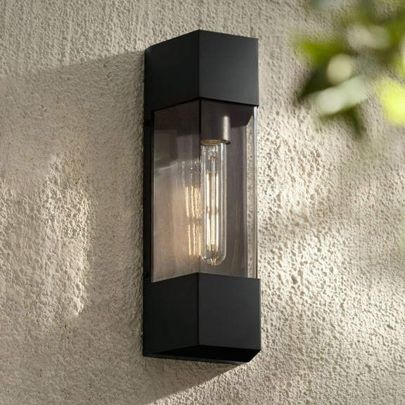 John Timberland Isabel 16" High Modern Outdoor Wall Light Fixture Mount Porch House Weatherproof Black Metal Clear Glass Shade