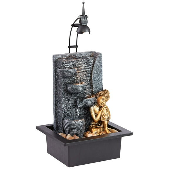Kneeling Gold Buddha 17" High Small Zen Asian Indoor Outdoor Decor Faux Stone Tabletop Fountain with Light LED