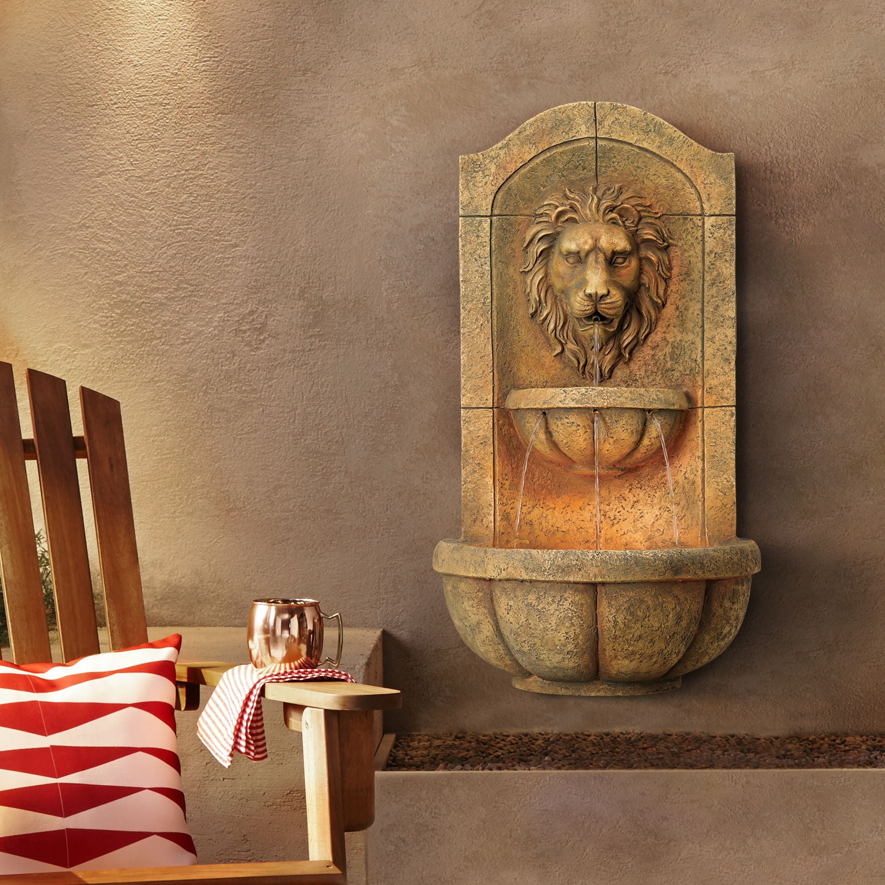 Lion Head Rustic Faux Stone 2-Tier Wall Water Fountain with LED Light