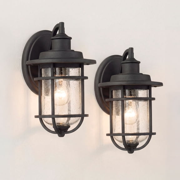 John Timberland Markham Modern Nautical Outdoor Wall Light Fixtures Set of 2 Textured Black 10 1/2" Clear Seedy Glass for Post Exterior Barn Deck Home