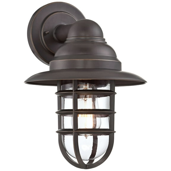 John Timberland Marlowe Industrial Rustic Wall Light Sconce Bronze Hardwire 9 1/2" Fixture Hooded Cage Clear Glass for Bedroom Reading Living Room