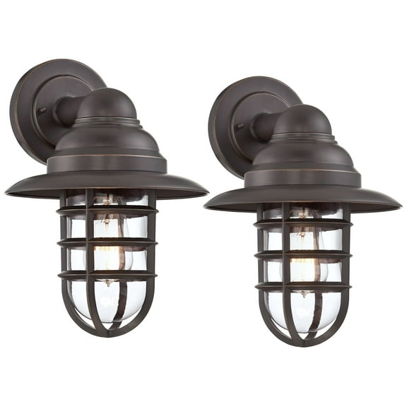 John Timberland Marlowe Industrial Wall Light Sconces Set of 2 Bronze Hardwire 9 1/2" Fixture Hooded Cage Clear Glass for Bedroom Living Room Hallway
