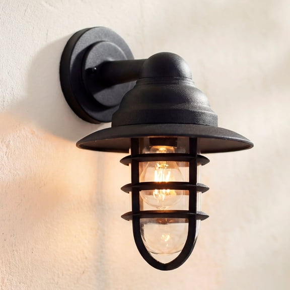 John Timberland Marlowe Rustic Industrial Farmhouse Outdoor Wall Light Fixture Black Hooded Cage 13" Clear Glass for Post Exterior Barn Deck House