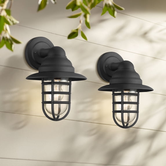 John Timberland Marlowe rustic industrial outdoor wall light fixtures set of 2, black hooded cage, 13in