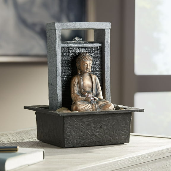 Meditating Buddha 11" High Small Zen Asian Indoor Decor Faux Stone Tabletop Fountain Desk Relaxation Bedroom
