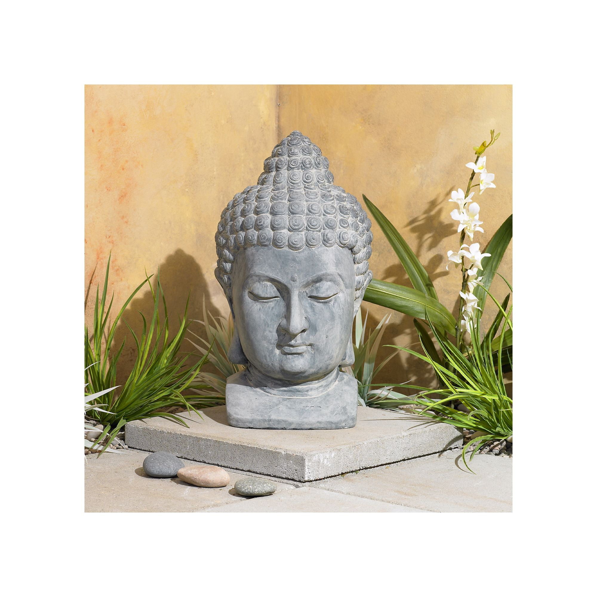 Gray Faux Stone Meditating Buddha Head Statue Sculpture 18 1/2" Tall