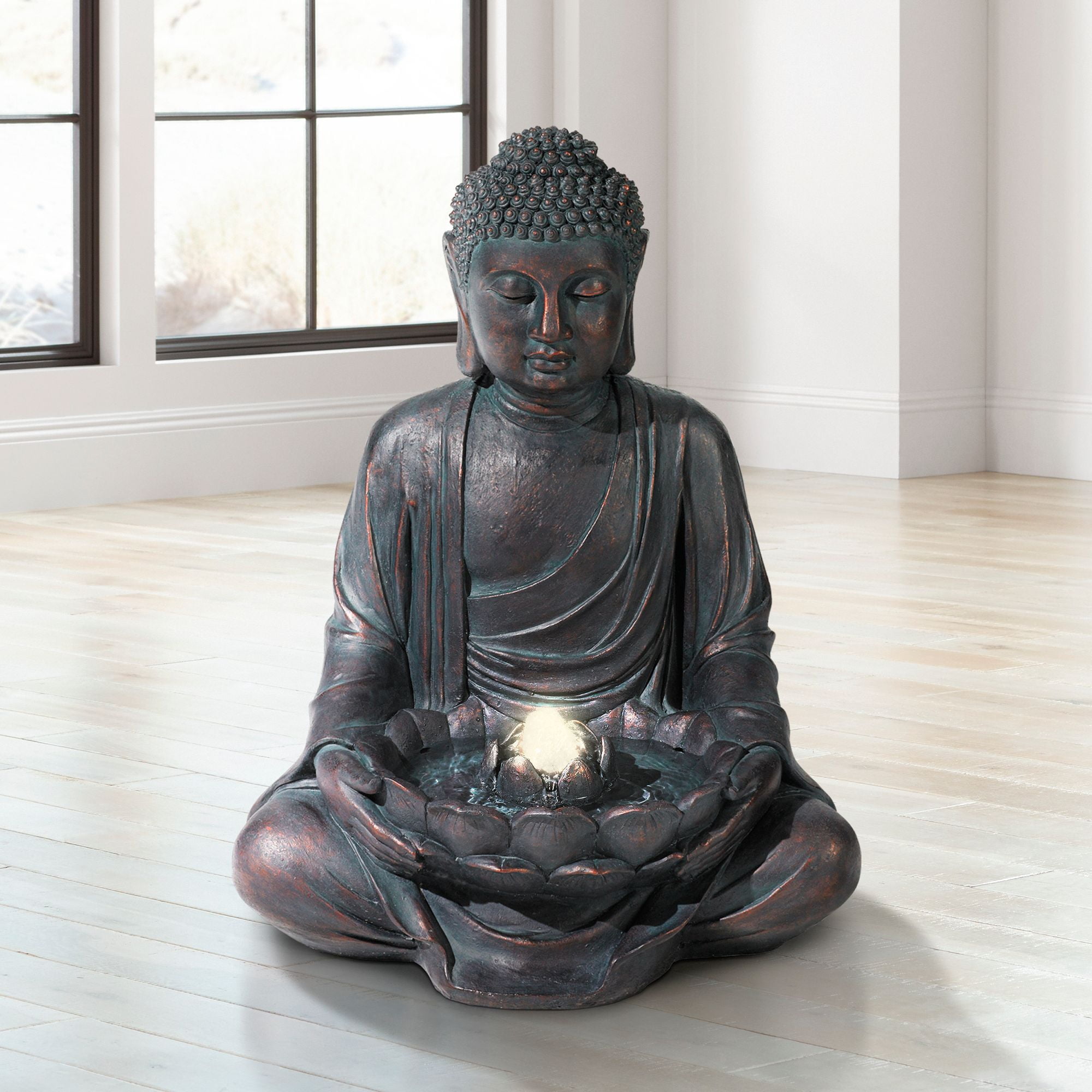 Bronze Meditating Buddha Zen Water Fountain with LED Light