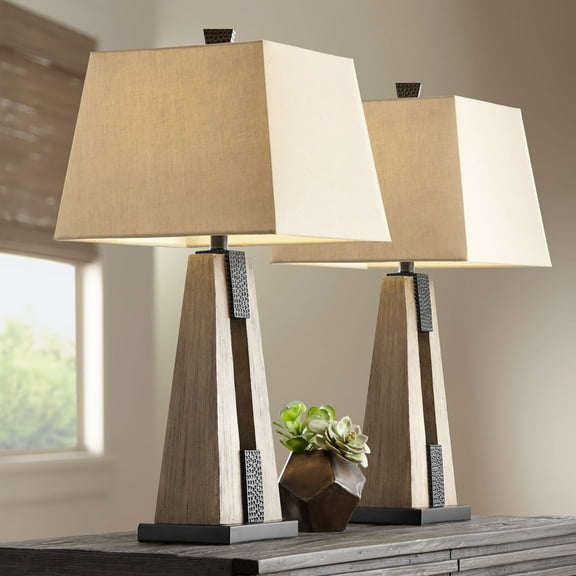 John Timberland Mitchell Rustic Farmhouse Table Lamps 27" Tall Set of 2 Wood with USB Charging Port Oatmeal Tapered Rectangular Shade for Living Room