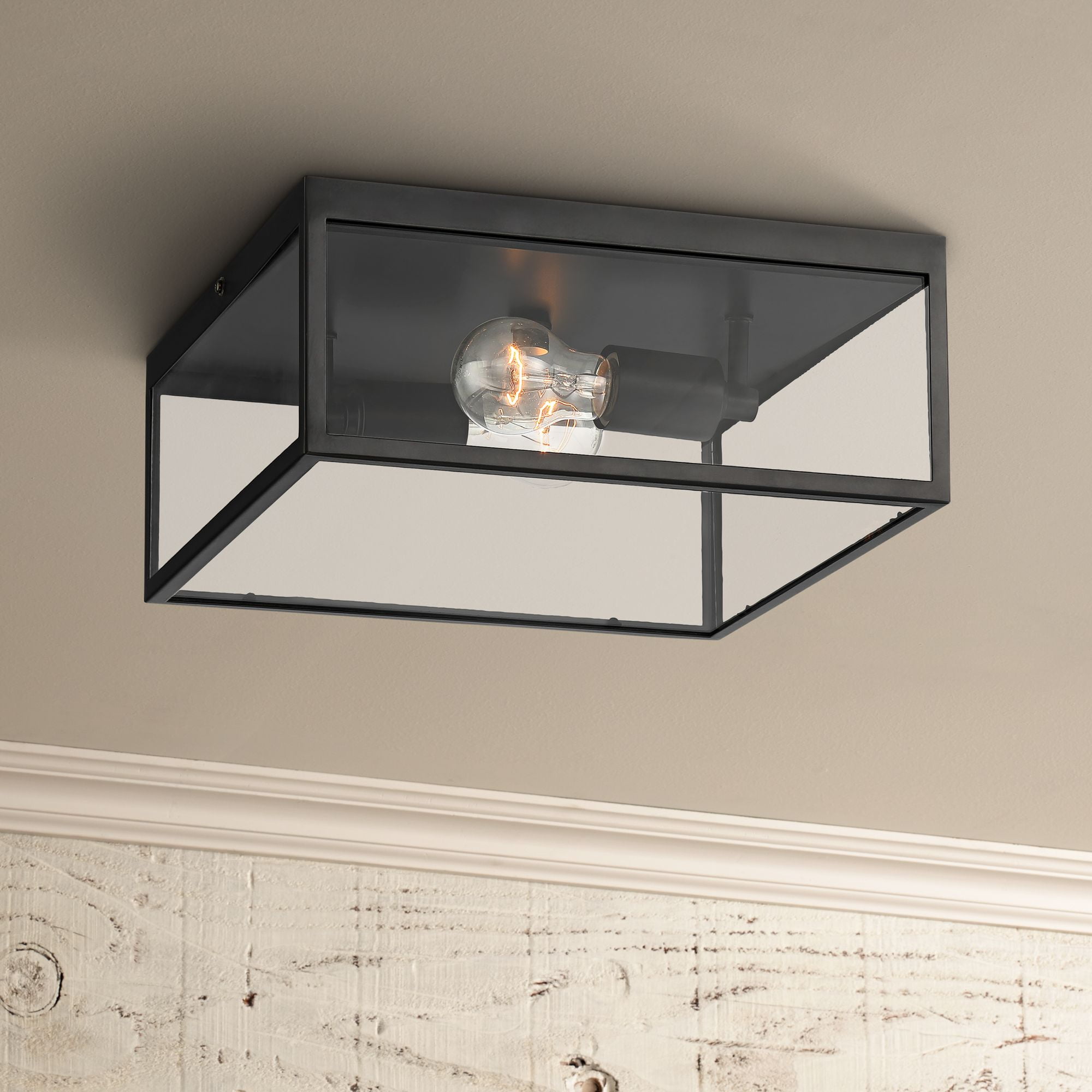 John Timberland Modern Outdoor Ceiling Light Fixture Matte Black 12" Clear Glass Panels Square