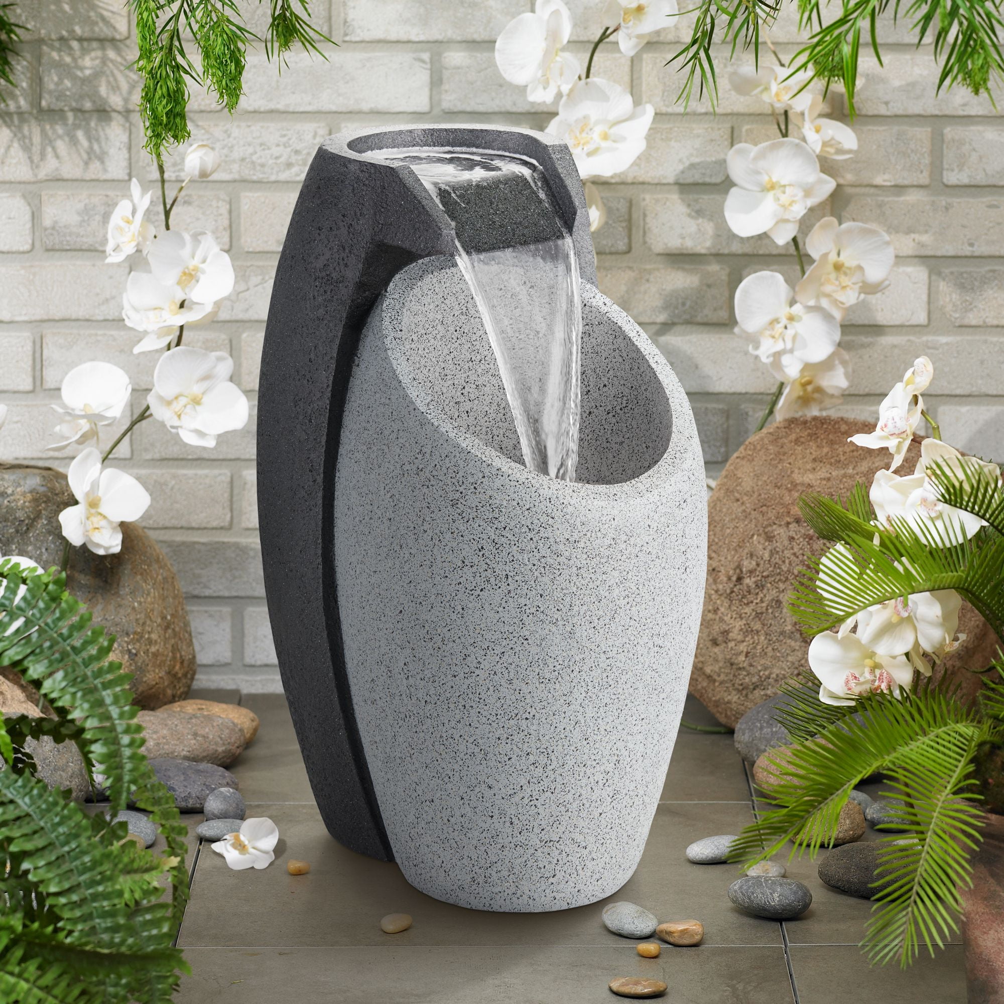 Modern Gray and Black Faux Stone Outdoor Water Fountain with LED Light
