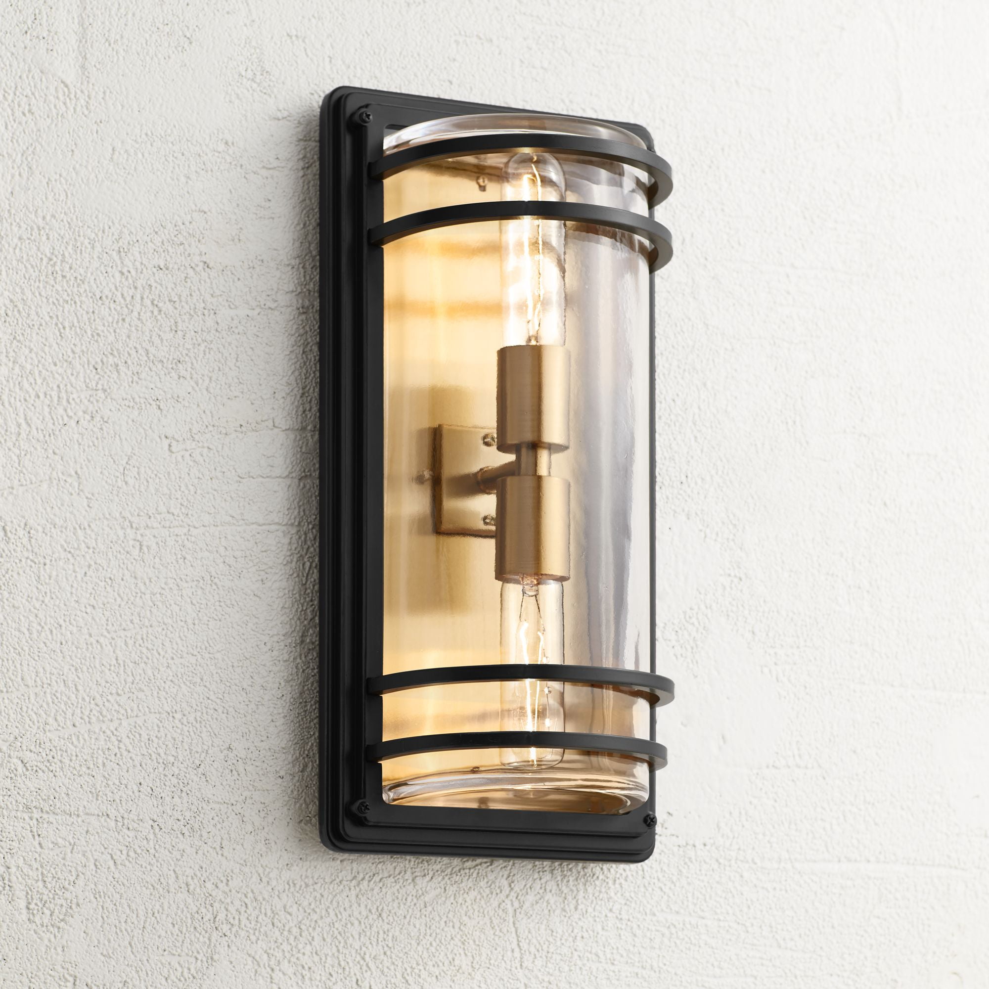 John Timberland Modern Outdoor Wall Light Fixture Black Brass 2-Light Downlight Uplight 16" Clear Glass Exterior House Porch Patio