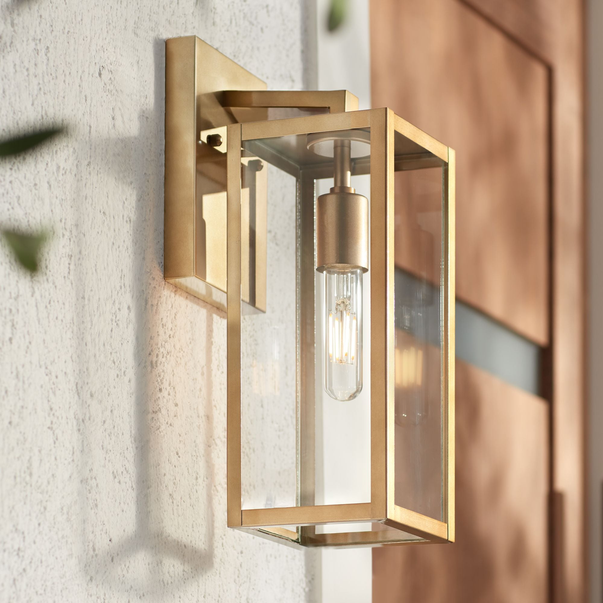 Soft Gold Rectangular Frame Outdoor Wall Light with Clear Glass