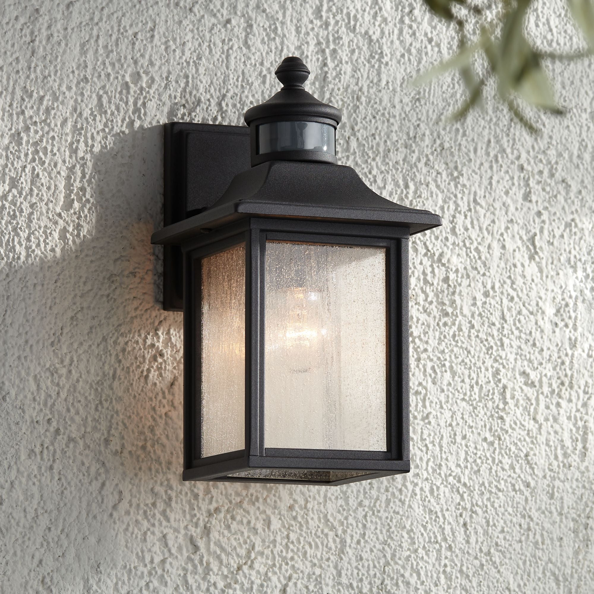 John Timberland Moray Bay Mission Outdoor Wall Light Fixture Black Motion Sensor Dusk to Dawn 11 1/2" Seedy Glass for Post Exterior Barn Deck House