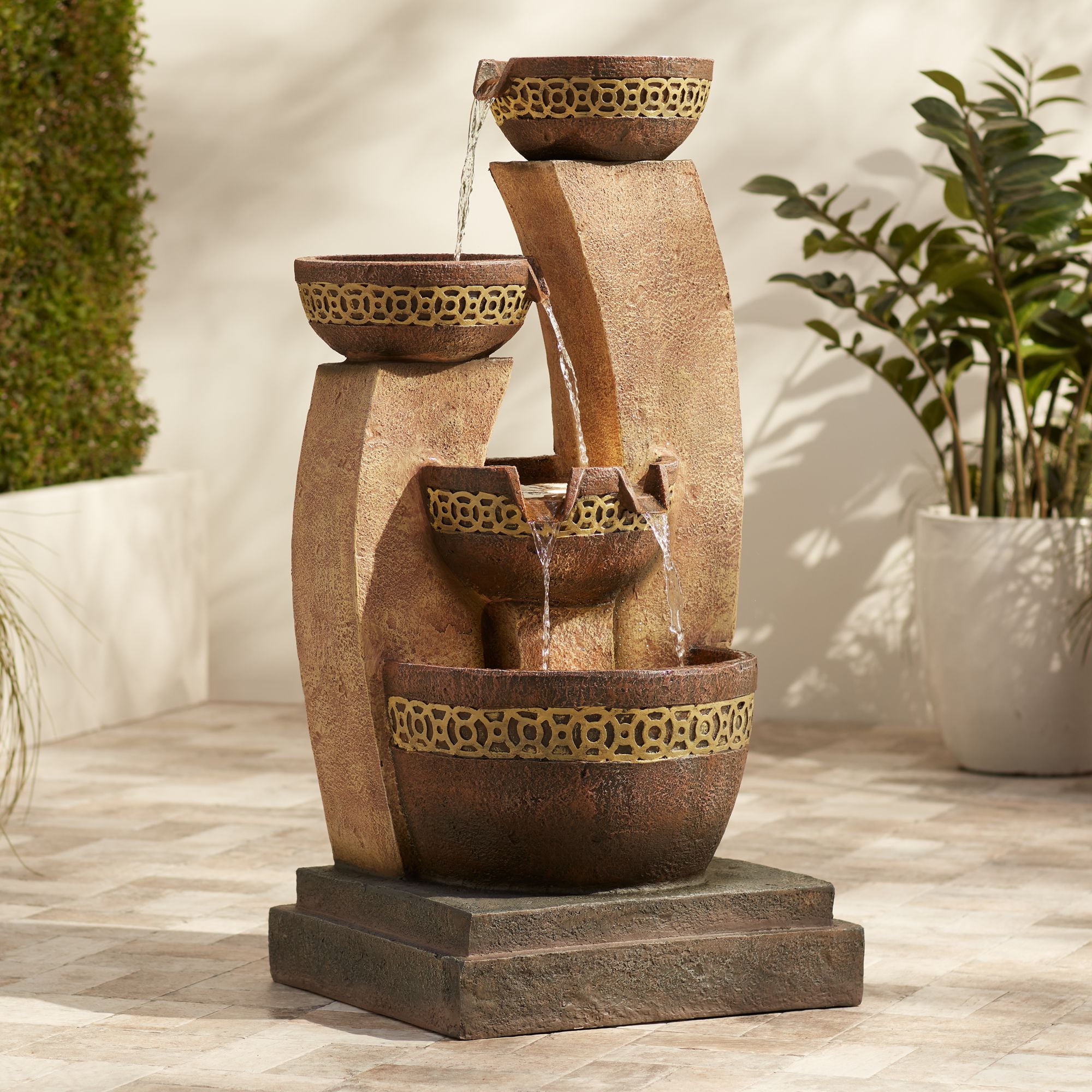 Beige and Brown Faux Stone Four Bowl Cascading Water Fountain with LED Light