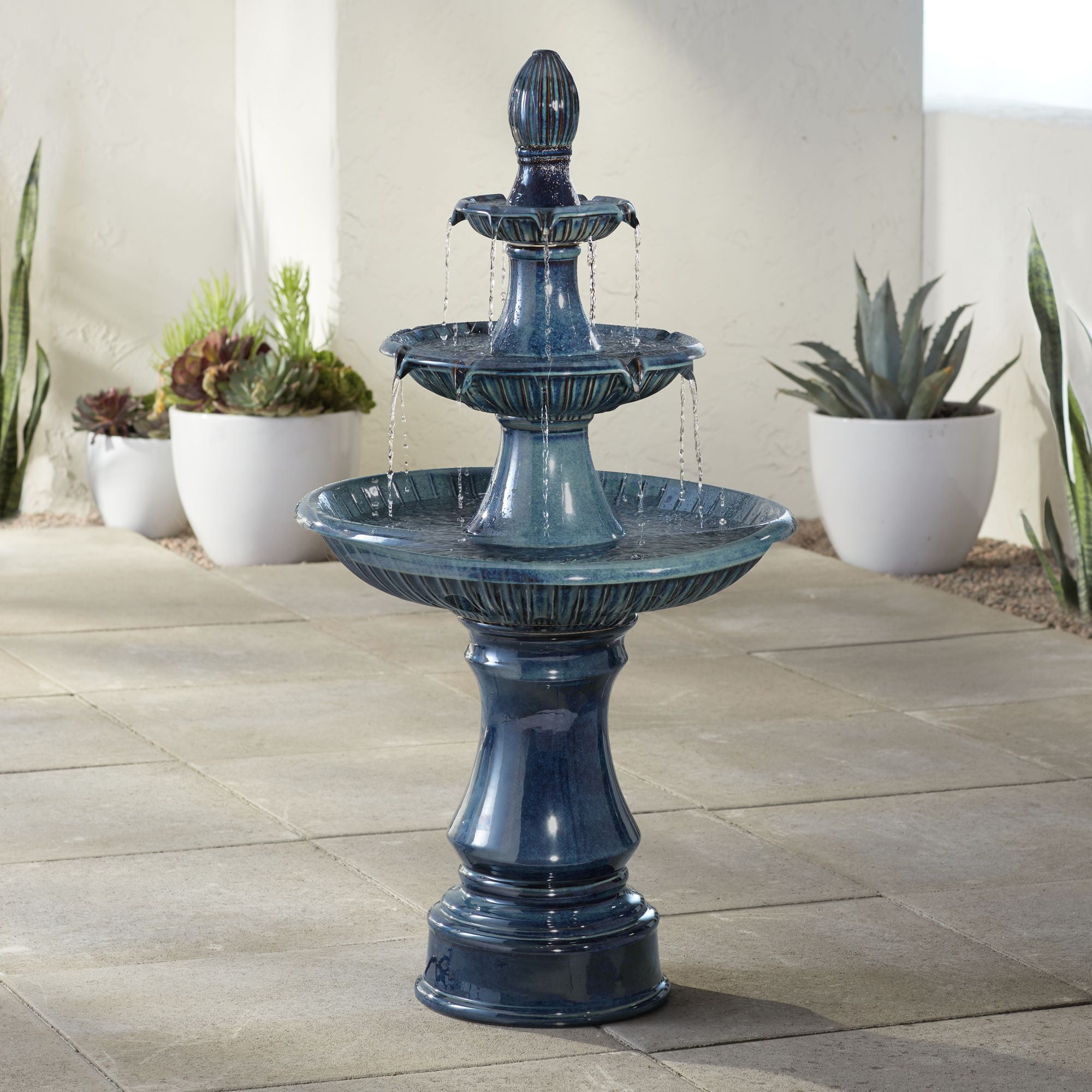 Teal Blue Ceramic 3-Tier Outdoor Floor Water Fountain with LED Light