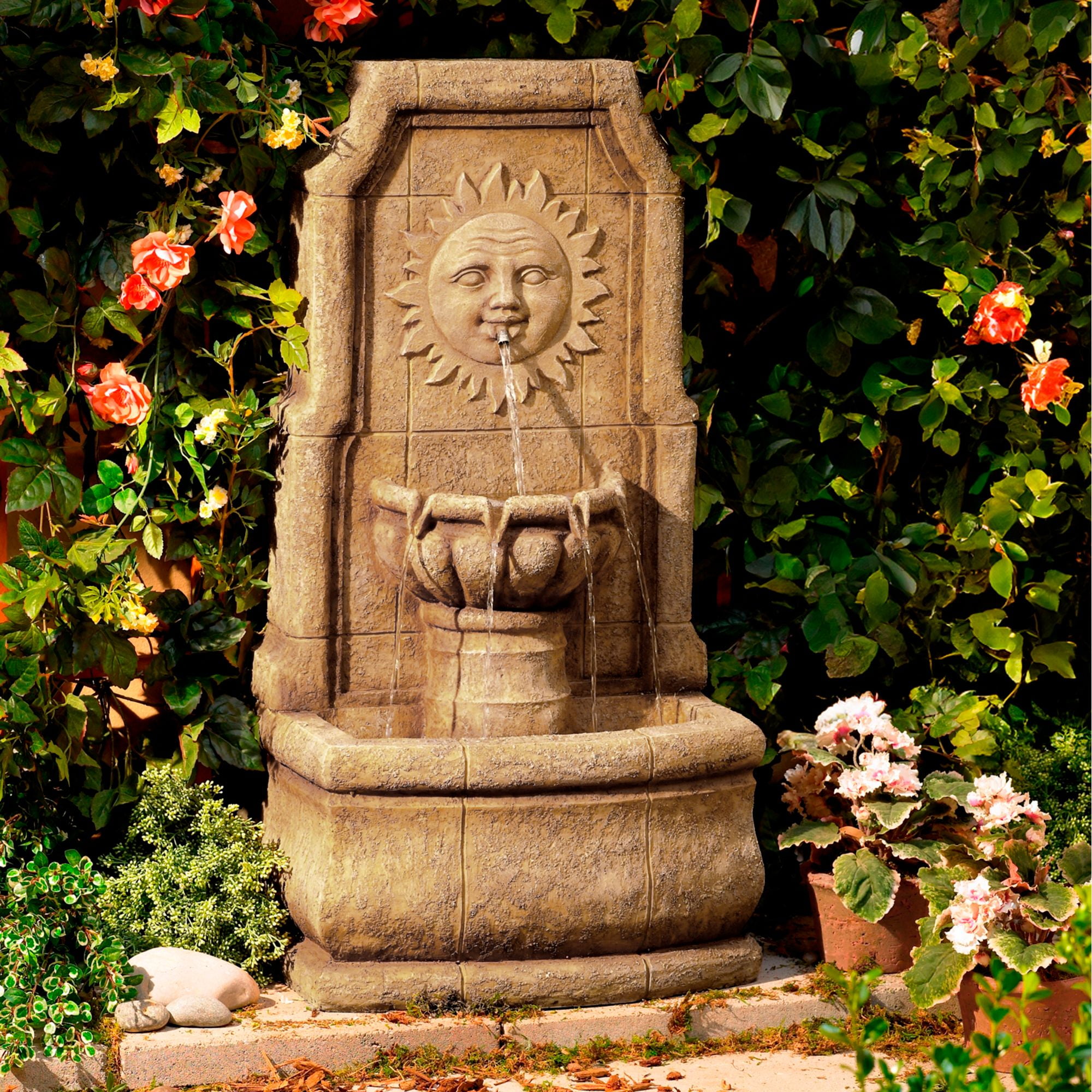Rustic Faux Stone Outdoor Wall Water Fountain with LED Light