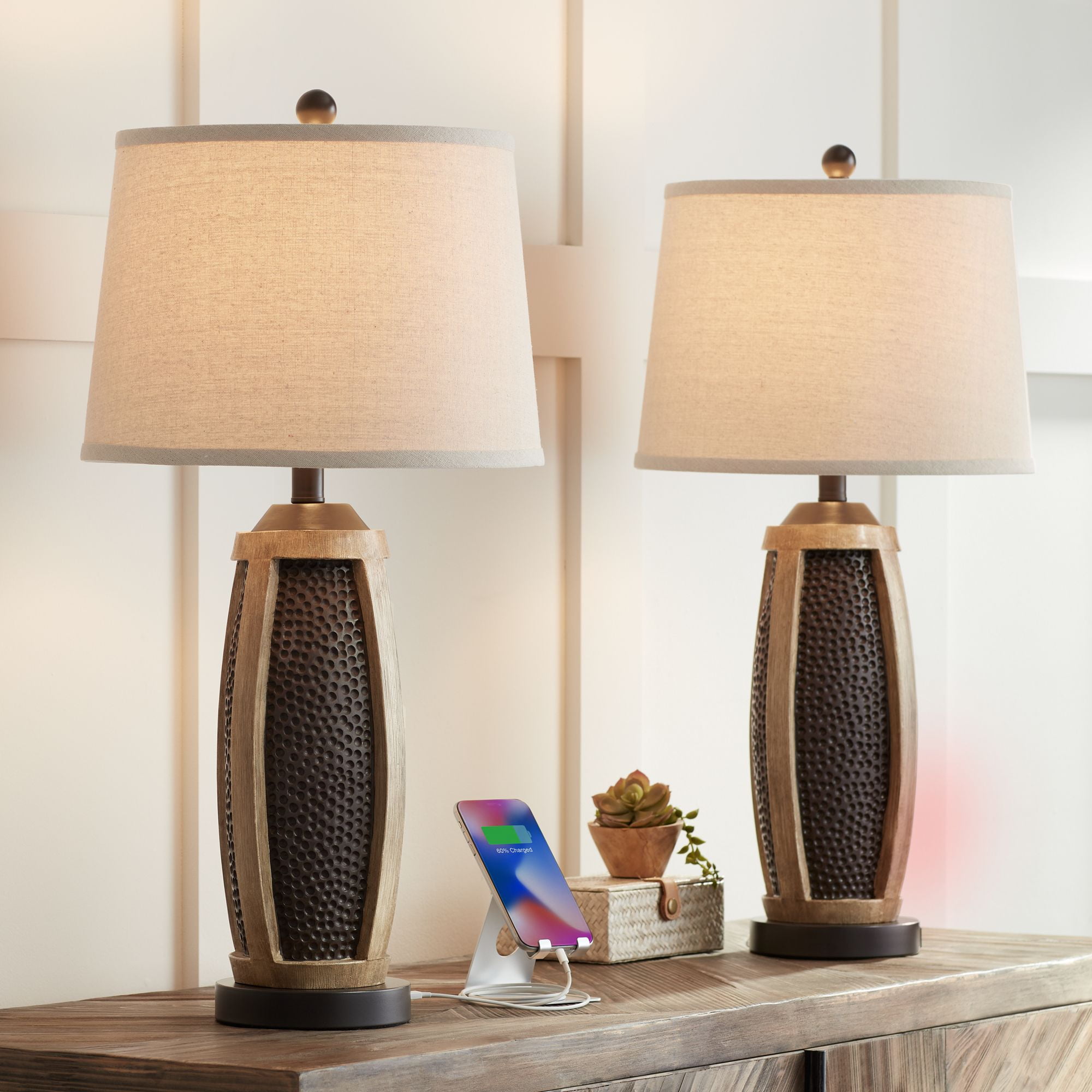 Rustic Bronze and Wood Table Lamps with USB Ports, Set of 2