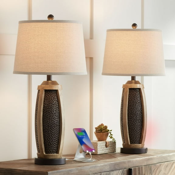 John Timberland Parker Rustic Farmhouse Table Lamps 28 1/2" Tall Set of 2 Hammered Bronze Wood with USB Charging Port Oatmeal Tapered Drum for Bedroom