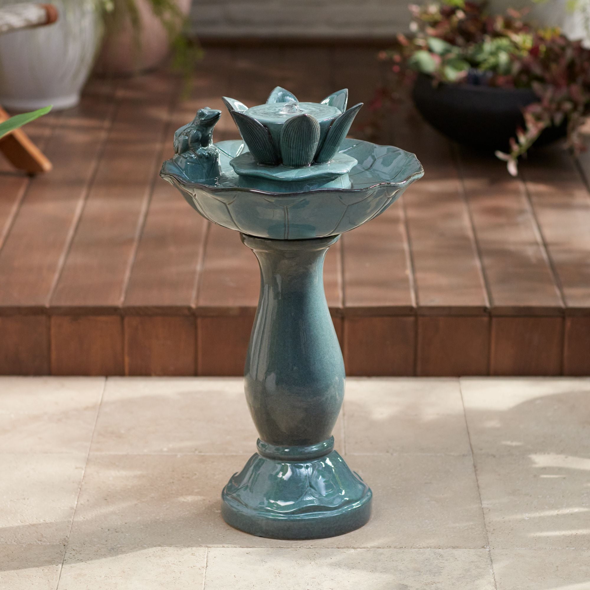 Verdigris Green Ceramic Lotus Flower Frog Outdoor Pedestal Fountain