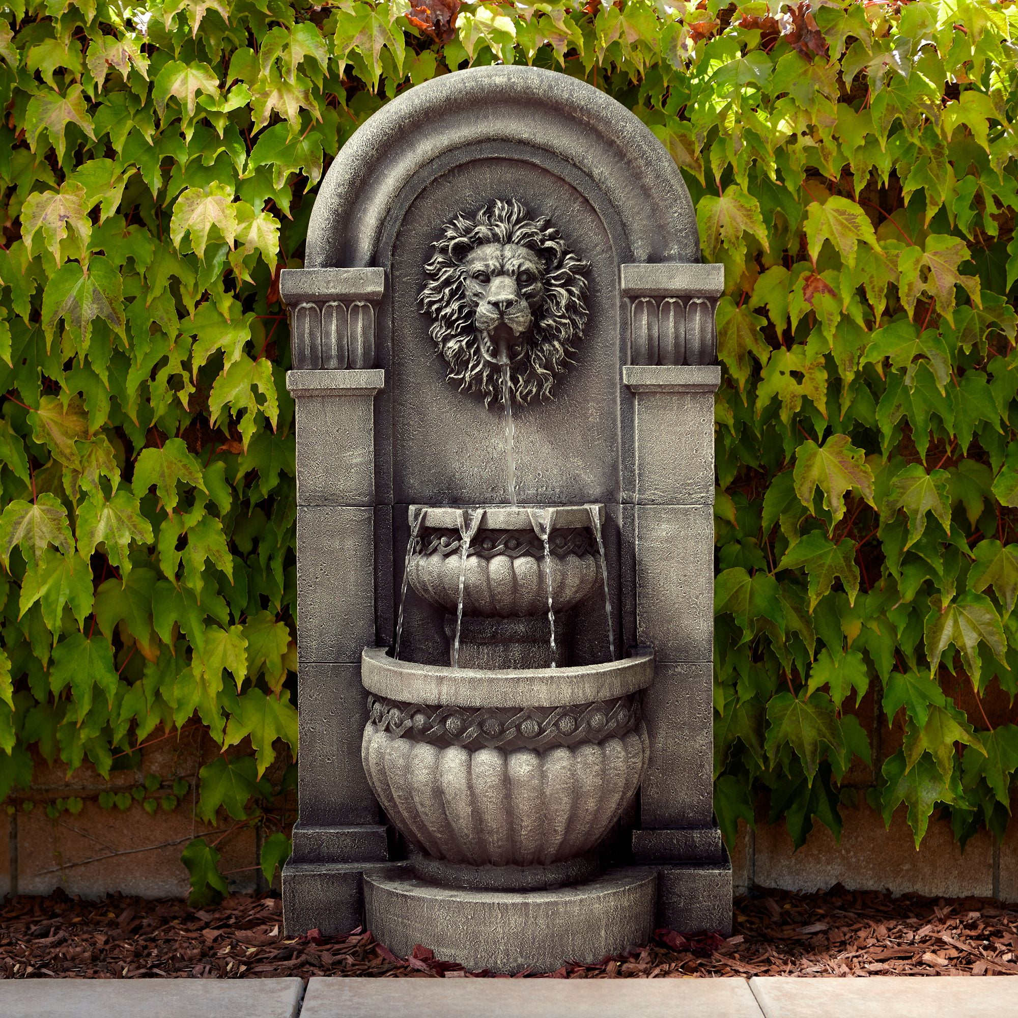 Roman Lion Face Gray Resin 50" Outdoor Floor Water Fountain with LED Light