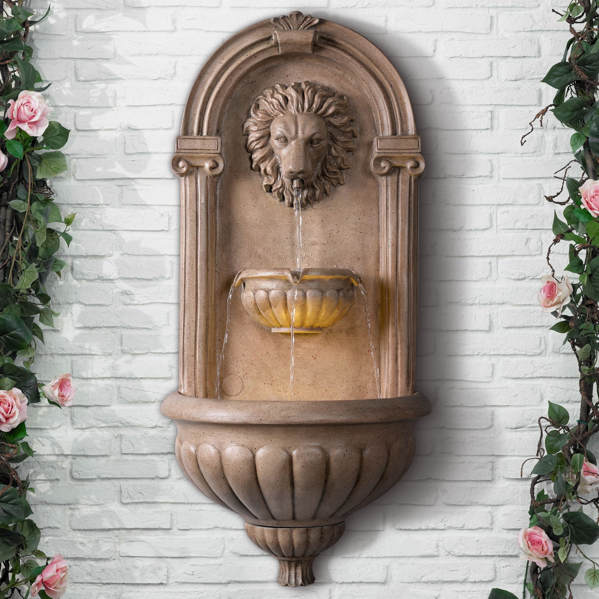 Royal Sandstone LED Outdoor Wall Fountain with Lion Head