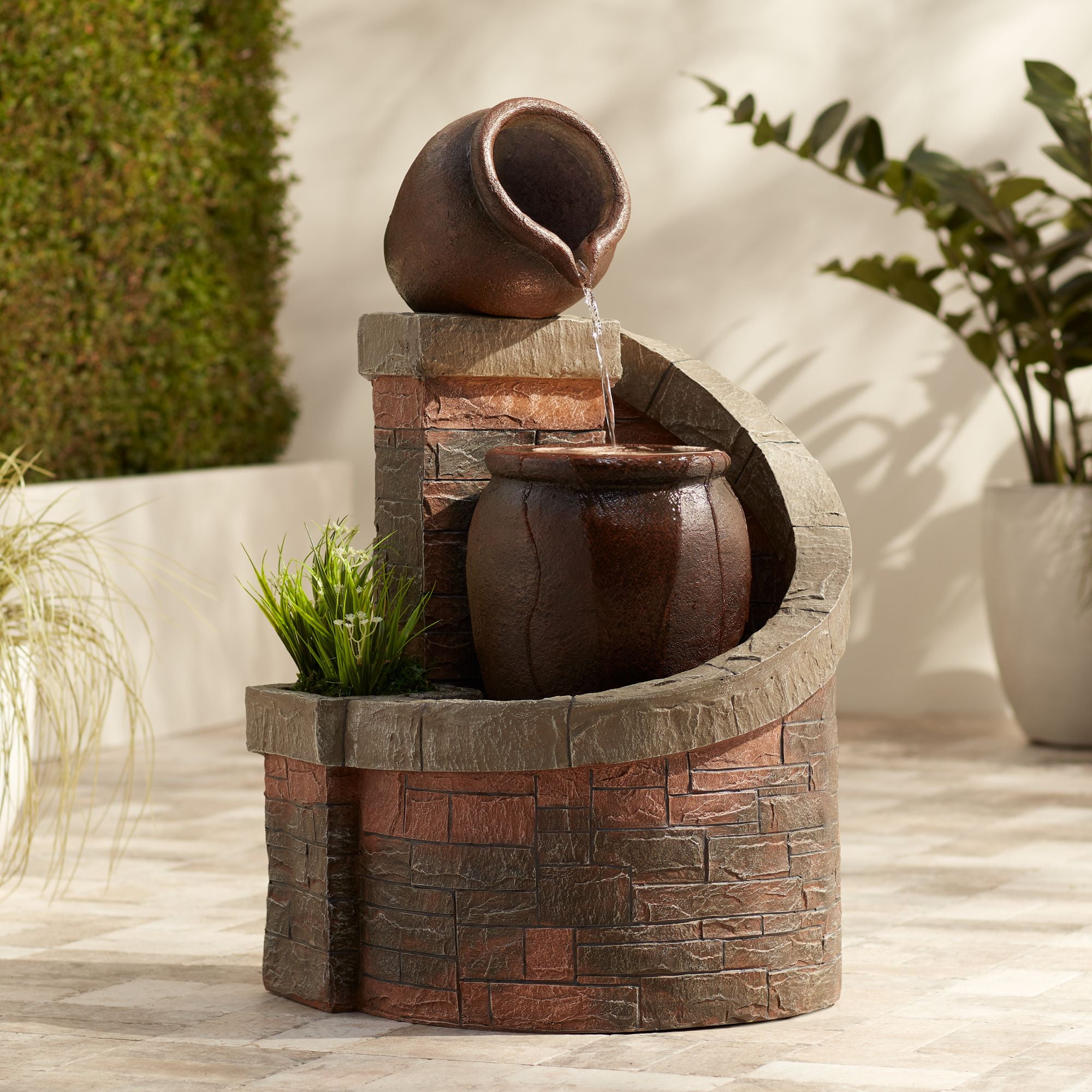 Verona Rustic Brown Resin Outdoor Water Fountain with LED Light