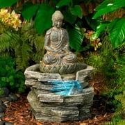 Sitting Buddha 21 High Large Zen Asian Indoor Outdoor Decor Faux Stone Floor Fountain with Light LED Waterfall