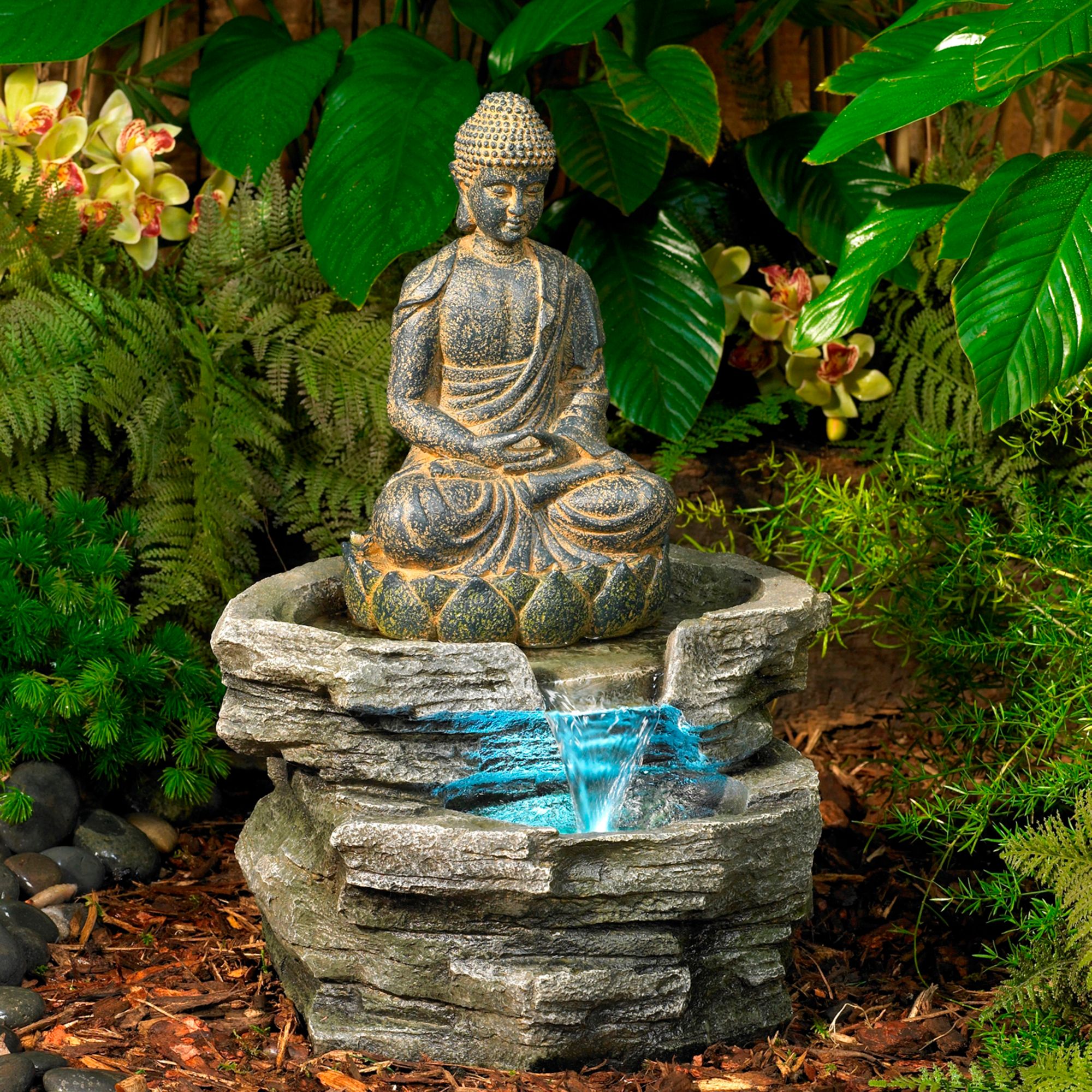 John Timberland Rustic Zen Buddha Outdoor Floor Water Fountain with Light LED 21" High Sitting for Yard Garden Patio Deck Home - image 1 of 8